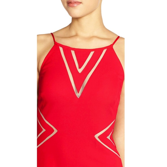 AIDAN MATTOX RED MESH INSET MAXI GOWN - Picture 3 of 13